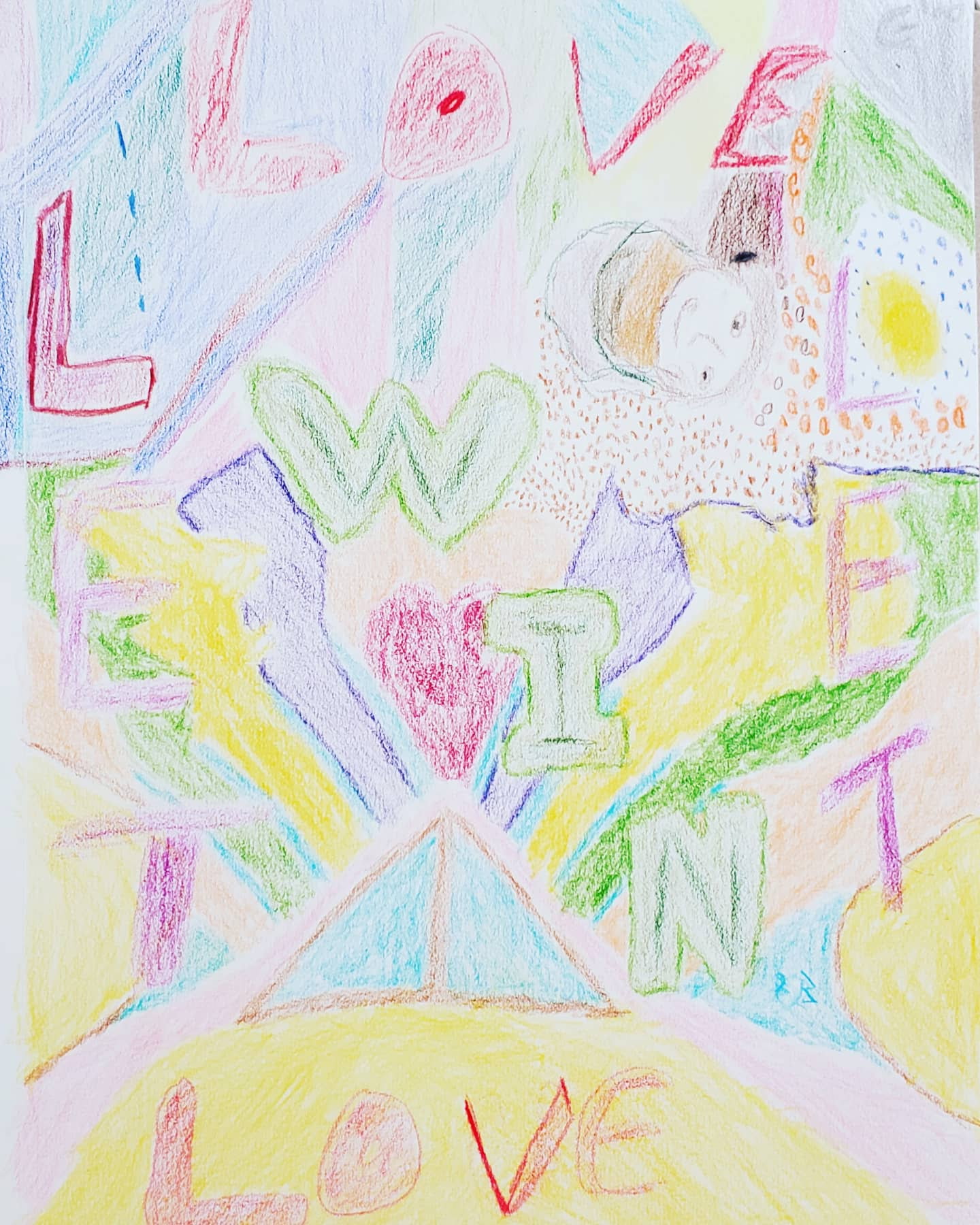 Hand-drawn colored-pencil artwork with hearts and the words love and win
